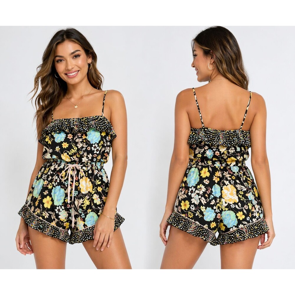 Victoria Secret Satin Floral Romper Black Flounce Ruffle Boho S Lightweight